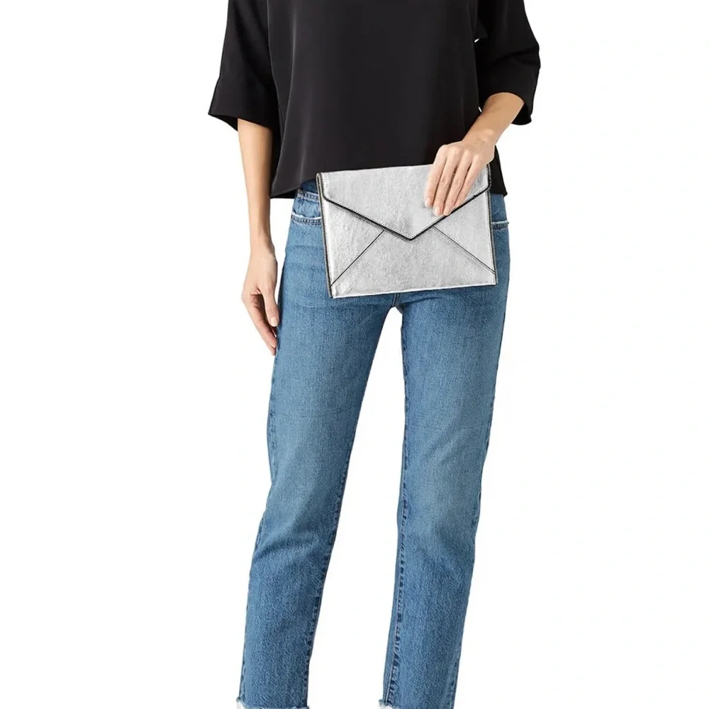 REBECCA MINKOFF Leo Gray Safiano Structure Leather Zipper Accent Envelope Clutch